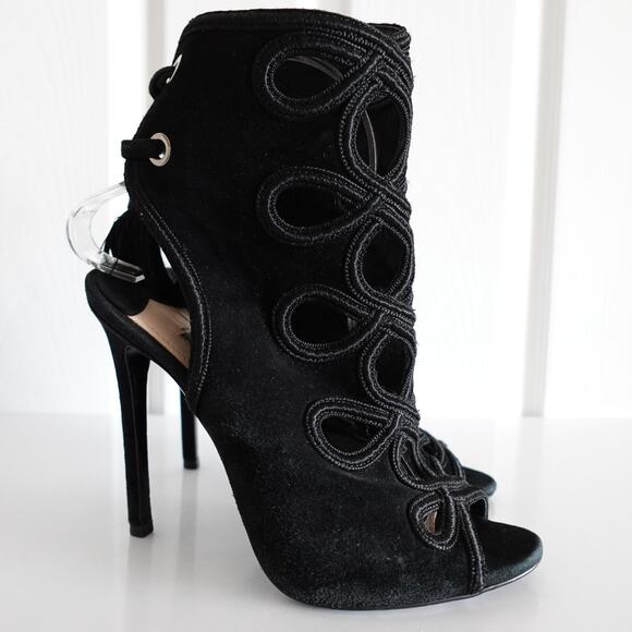 Prada Black Suede Cutout Tie-Back Ankle Peep Toe Stiletto Sandals - Picture 2 of 16